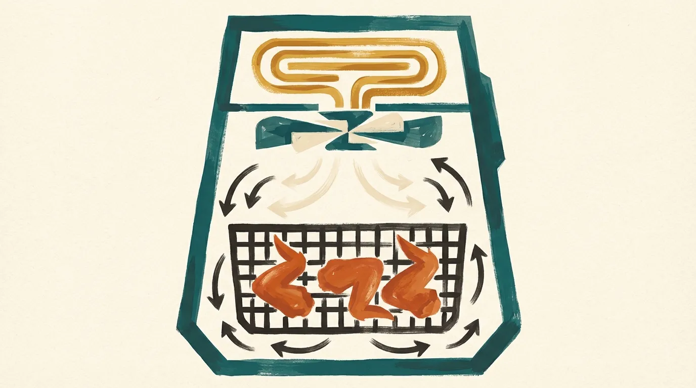Cross-section of an air fryer showing the heating element, fan, airflow circulation paths, and food in the basket
