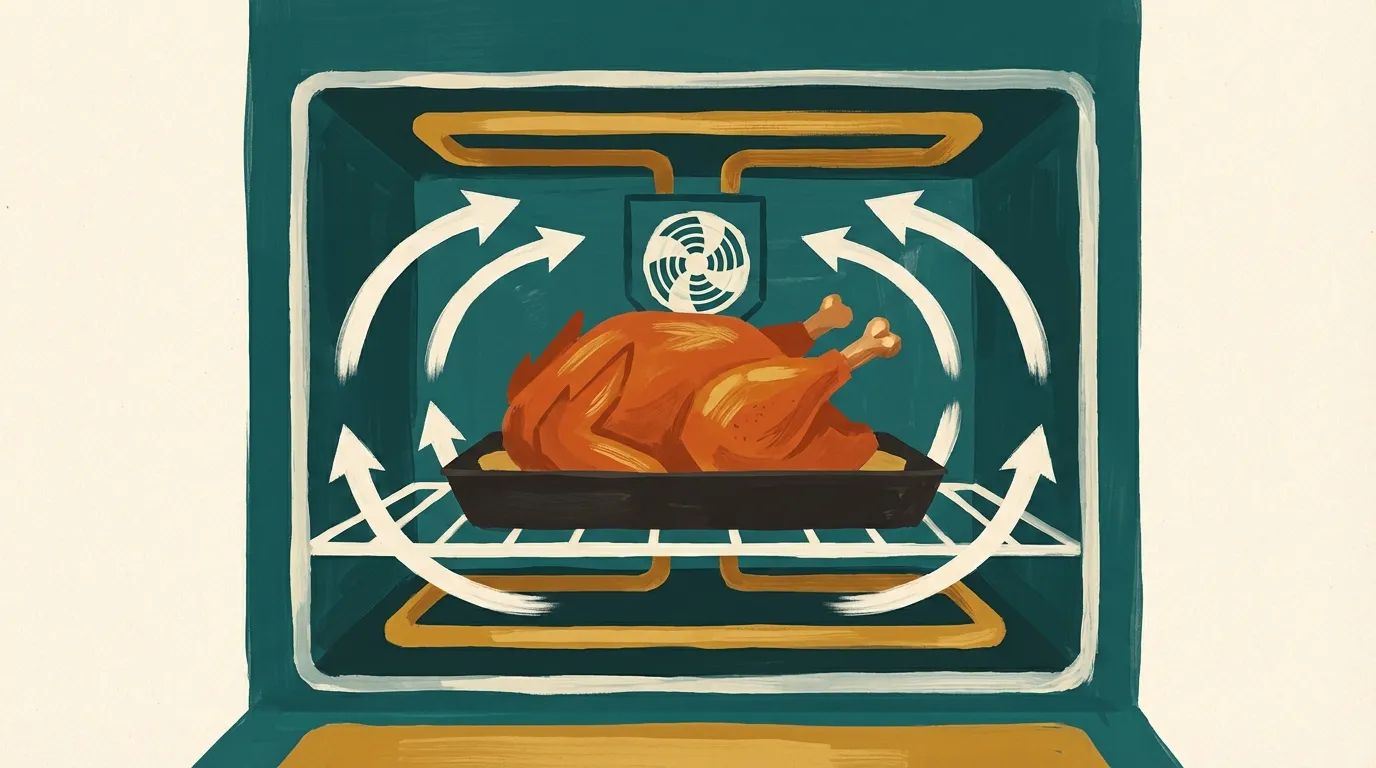 Cross-section of an oven showing the heating elements, convection fan, and airflow circulation around a roasting chicken