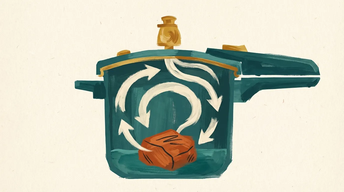 Cross-section of a pressure cooker showing the sealed lid, pressure valve, steam circulation paths, and food in liquid